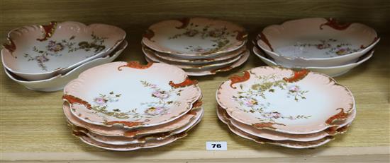 A Limoges sixteen piece floral painted pink bordered dessert service